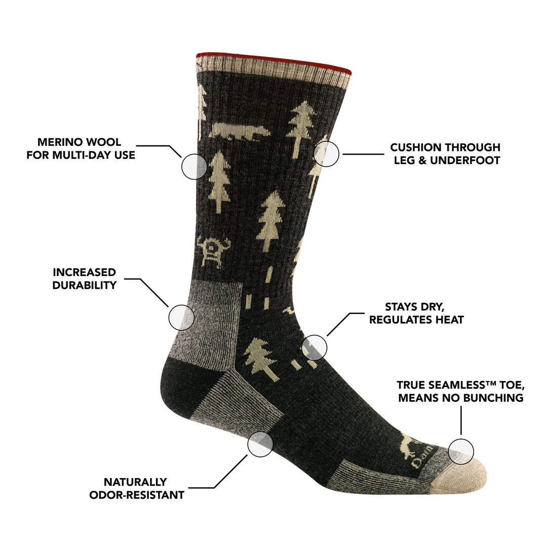 Men's ABC boot hiking sock with feature benefit callouts, such as cushion throughout the leg/underfoot and heat regulation