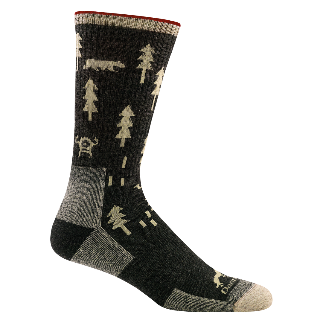 1964 men's ABC boot hiking sock in color black with beige toe, black heel, and beige animal and forest designs