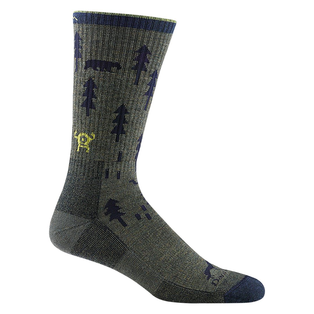 1964 men's ABC boot hiking sock in color forest green with navy and gray accents and black forest and animal designs