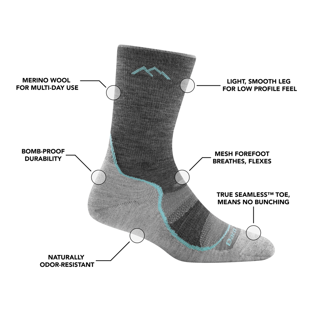 Image of Women's Light Hiker Micro Crew Hiking Sock in Slate calling out the features of the sock