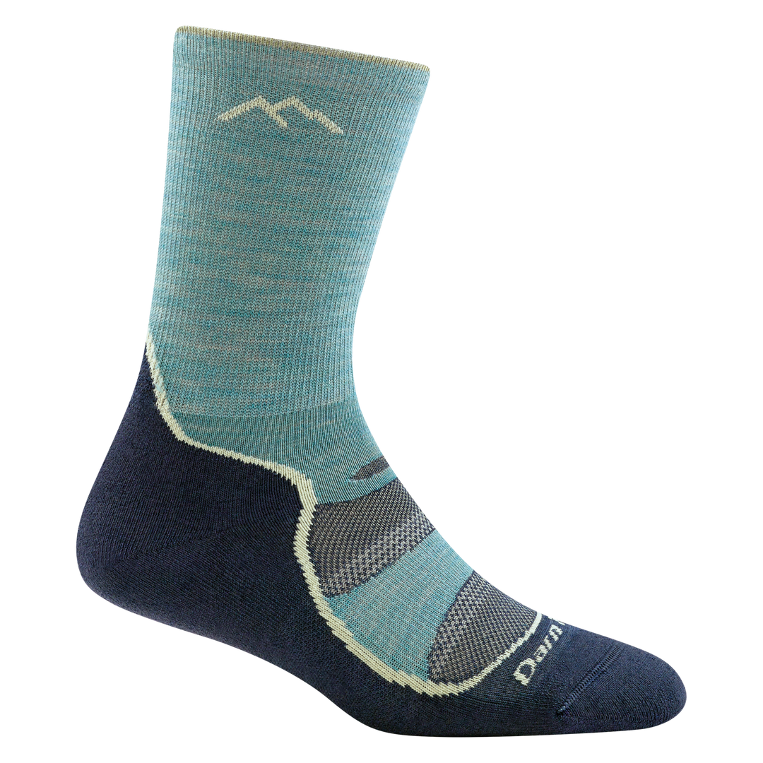 1967 women's light hiker micro crew hiking socks in aqua with navy blue bottom and seafoam green stripe on forefoot