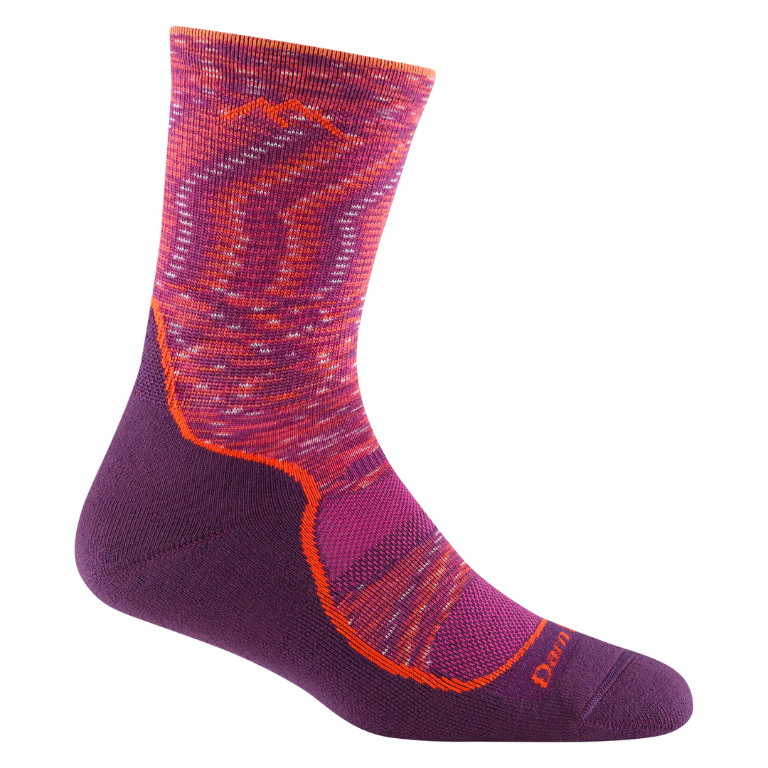 1967 women's light hiker micro crew hiking socks in color lunar pink with purple bottom and space dyed pink and orange stripe on forefoot