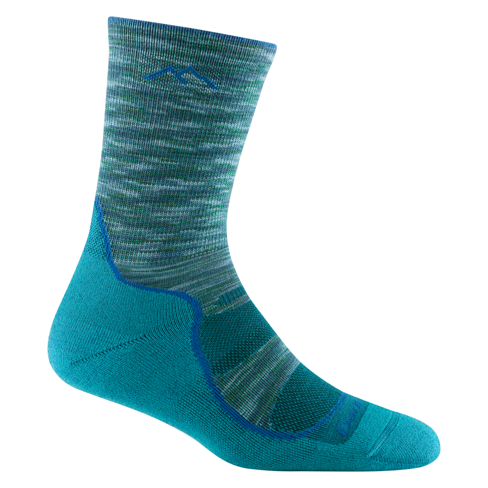 1967 women's light hiker micro crew hiking socks in color neptune blue with solid color bottom and space dyed teal stripe on forefoot