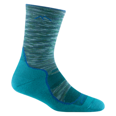 1967 women's light hiker micro crew hiking socks in color neptune blue with solid color bottom and space dyed teal stripe on forefoot