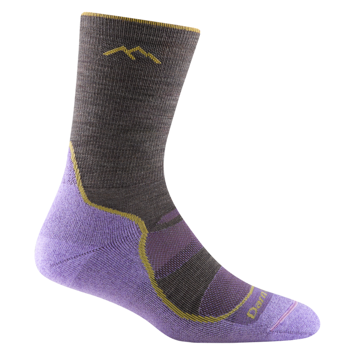 1967 women's light hiker micro crew hiking socks in color taupe with lavender bottom and yellow stripe on forefoot