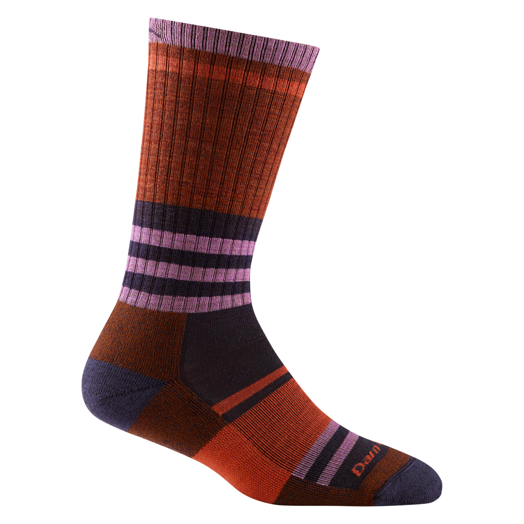 1969 women's her spur boot hiking sock in chestnut orange with purple toe/heel accents and orange and pink striping
