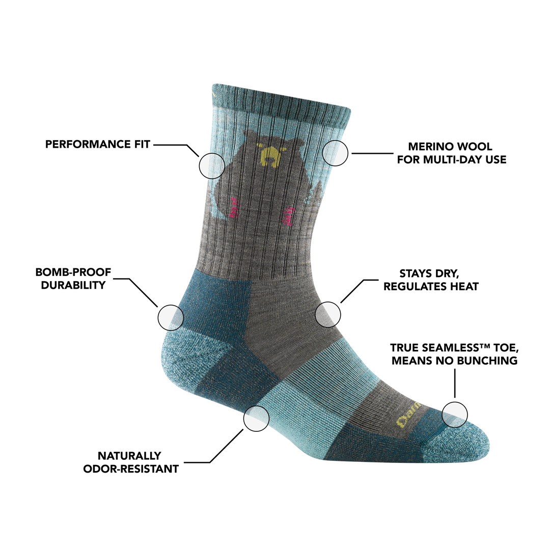 Women's bear town micro crew hiking sock with feature benefit callouts, such as heat regulation and performance fit