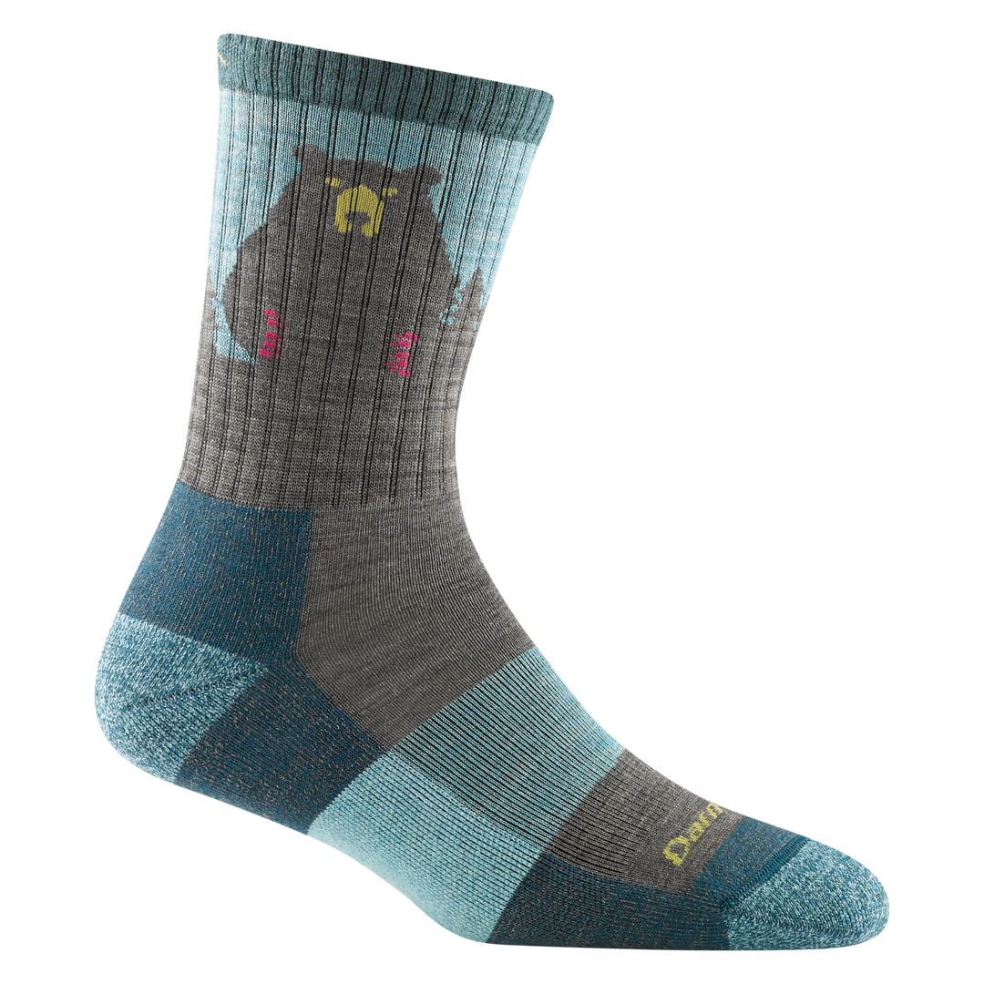 1970 women's bear town micro crew hiking sock in aqua with light blue toe/heel accents and gray bear design on calf
