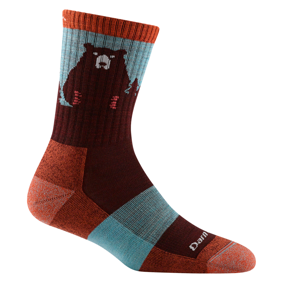 1970 women's bear town micro crew hiking sock in burgundy with orange toe/heel accents and bear design on calf