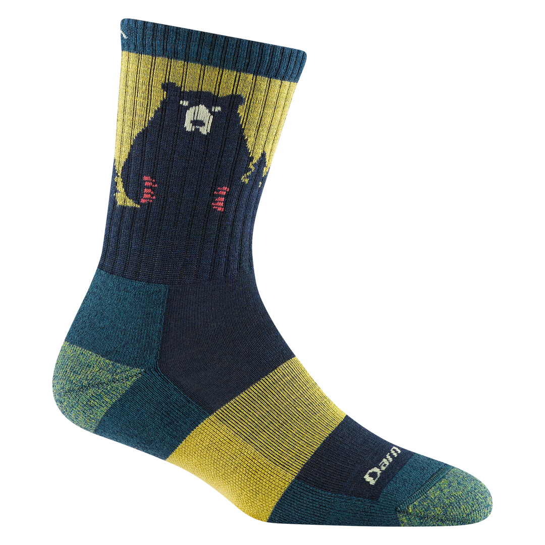 1970 women's bear town micro crew hiking sock in color dark teal with heathered toe/heel accents and navy bear design on calf