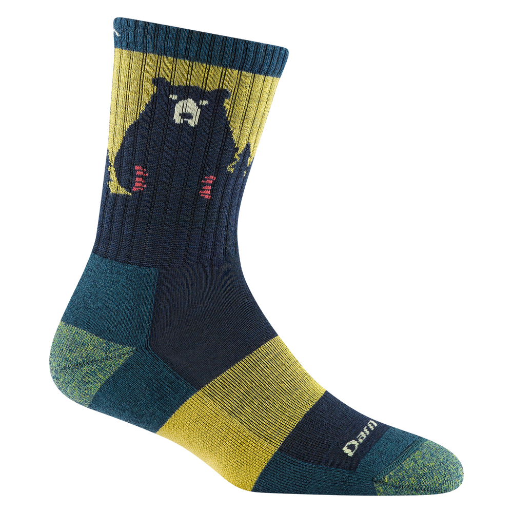 1970 women's bear town micro crew hiking sock in color dark teal with heathered toe/heel accents and navy bear design on calf