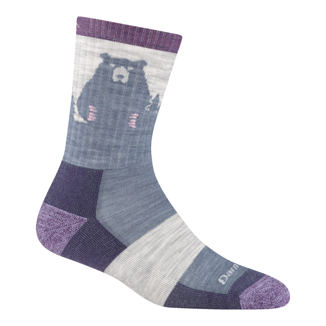 1970 women's bear town micro crew hiking sock in color fog with heathered accents and purple heel/toe