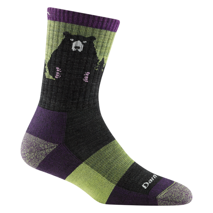 1970 women's bear town micro crew hiking sock in lime with heathered toe/heel accents and black bear design on calf