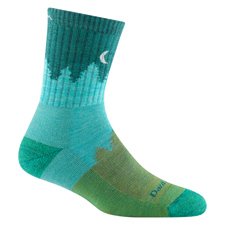 1971 women's treeline micro crew hiking sock in color aqua with teal toe/heel accents and tree silhouette