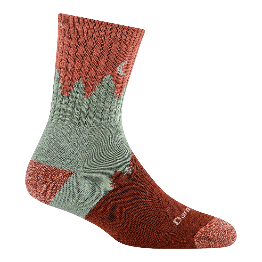1971 treeline micro crew hiking sock in canyon featuring pink heather toe red and green body with tree outline with moon on the cuff