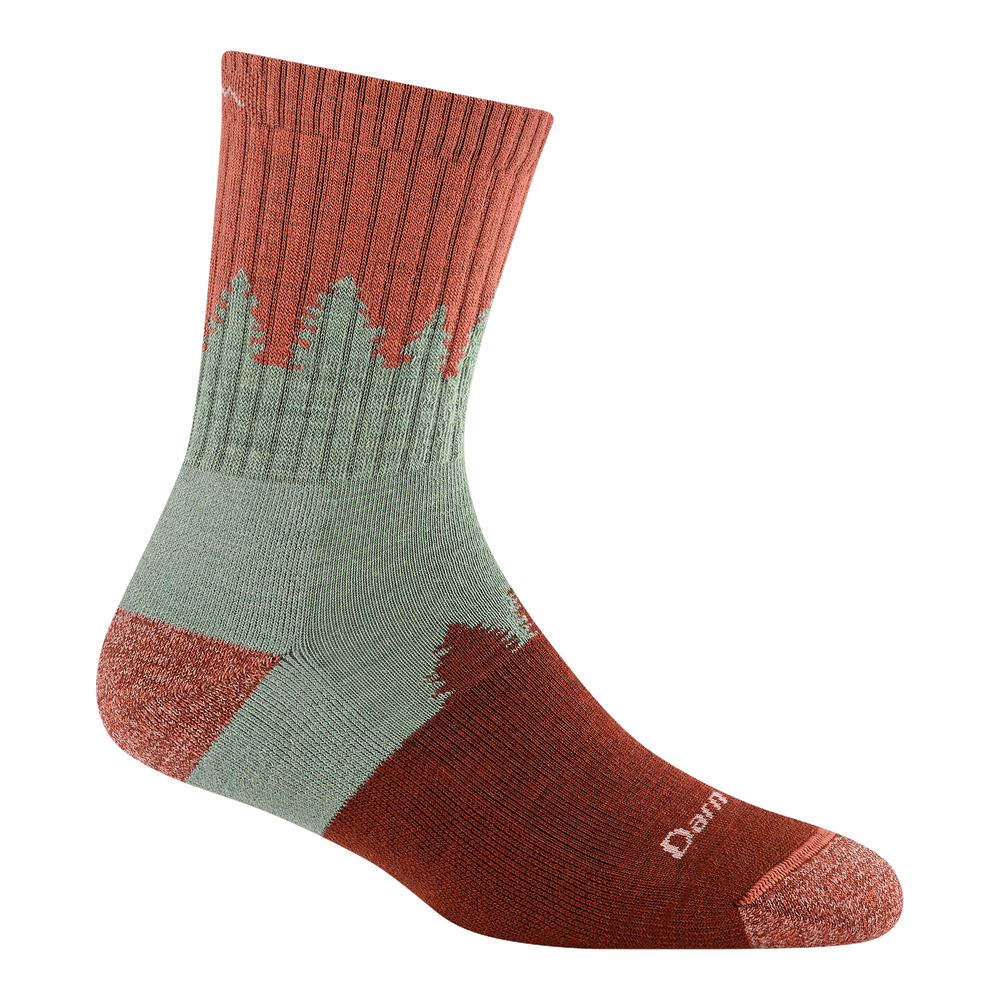 reverse 1971 treeline micro crew hiking sock in canyon featuring pink heather toe red and green body with tree outline