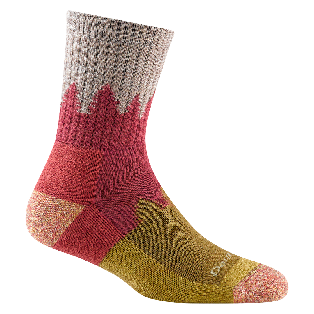 Reverse side of women's treeline micro crew hiking sock in color cranberry with grey calf and yellow forefoot