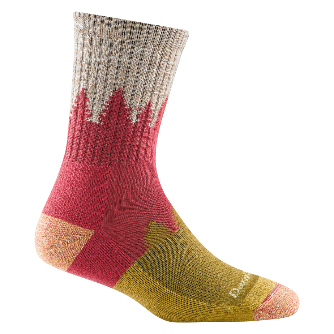 1971 women's treeline micro crew hiking sock in color cranberry with coral toe/heel accents and tree silhouette design