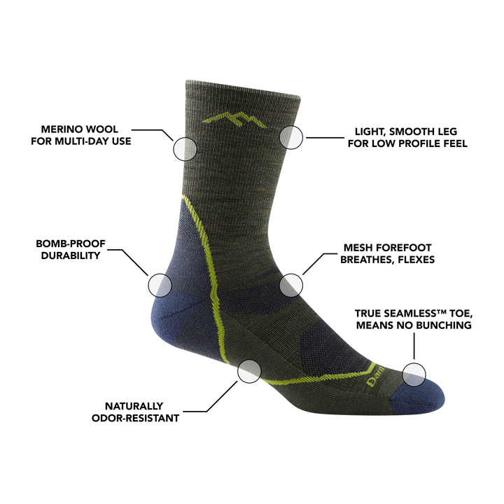 Light hiker micro crew hiking sock with feature callouts, such as a breathable mesh forefoot and low-profile feel