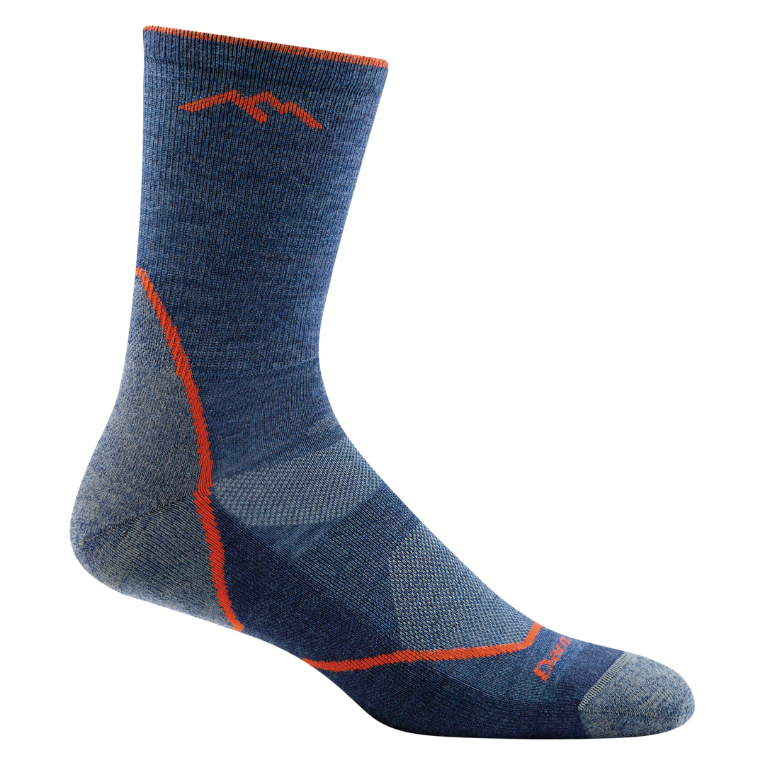 1972 men's light hiker micro crew hiking sock in color denim blue with orange stripe on heel and forefoot