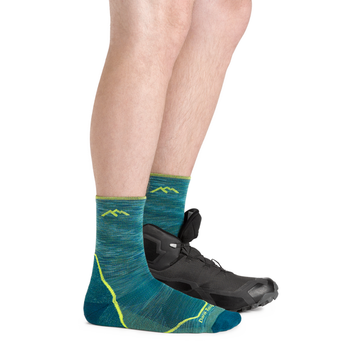 1972 men's light hiker micro crew ultralight hiking socks in Neptune green and blue on foot wearing hiking boots