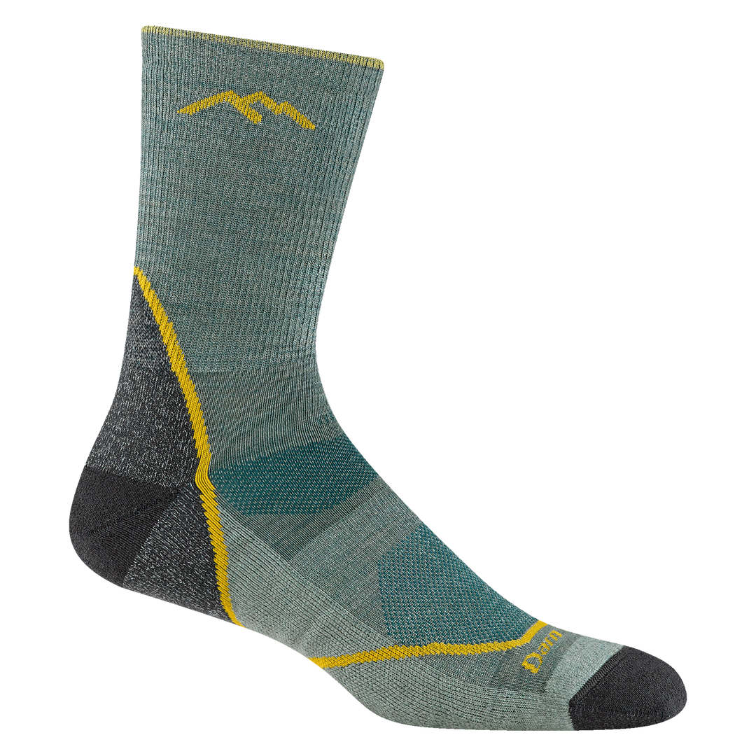 1972 men's light hiker micro crew hiking sock in color seafoam with blackheel/toes and yellow stripe on heel and forefoot