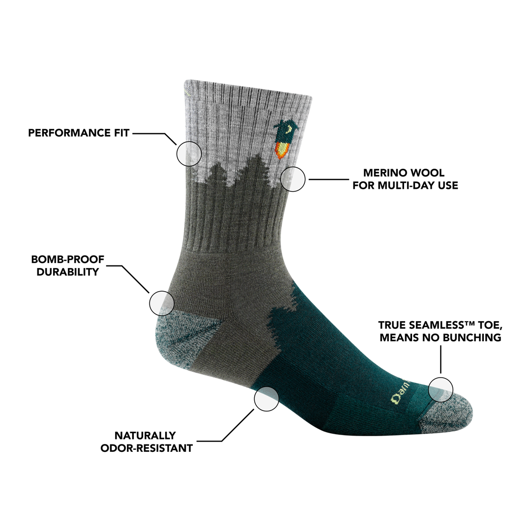 Men's no. 2 micro crew hiking sock with feature benefit callouts, such as bomb-proof durability and performance fit