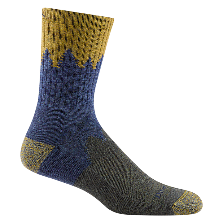 Reverse side of men's number 2 micro crew hiking sock in color denim blue with blue tree silhouette design