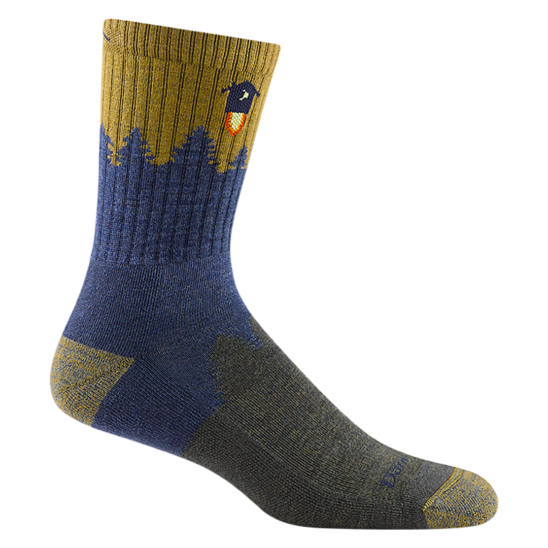 1974 men's number 2 micro crew hiking sock in denim blue with gold toe/heel accents and blue tree silhouette design
