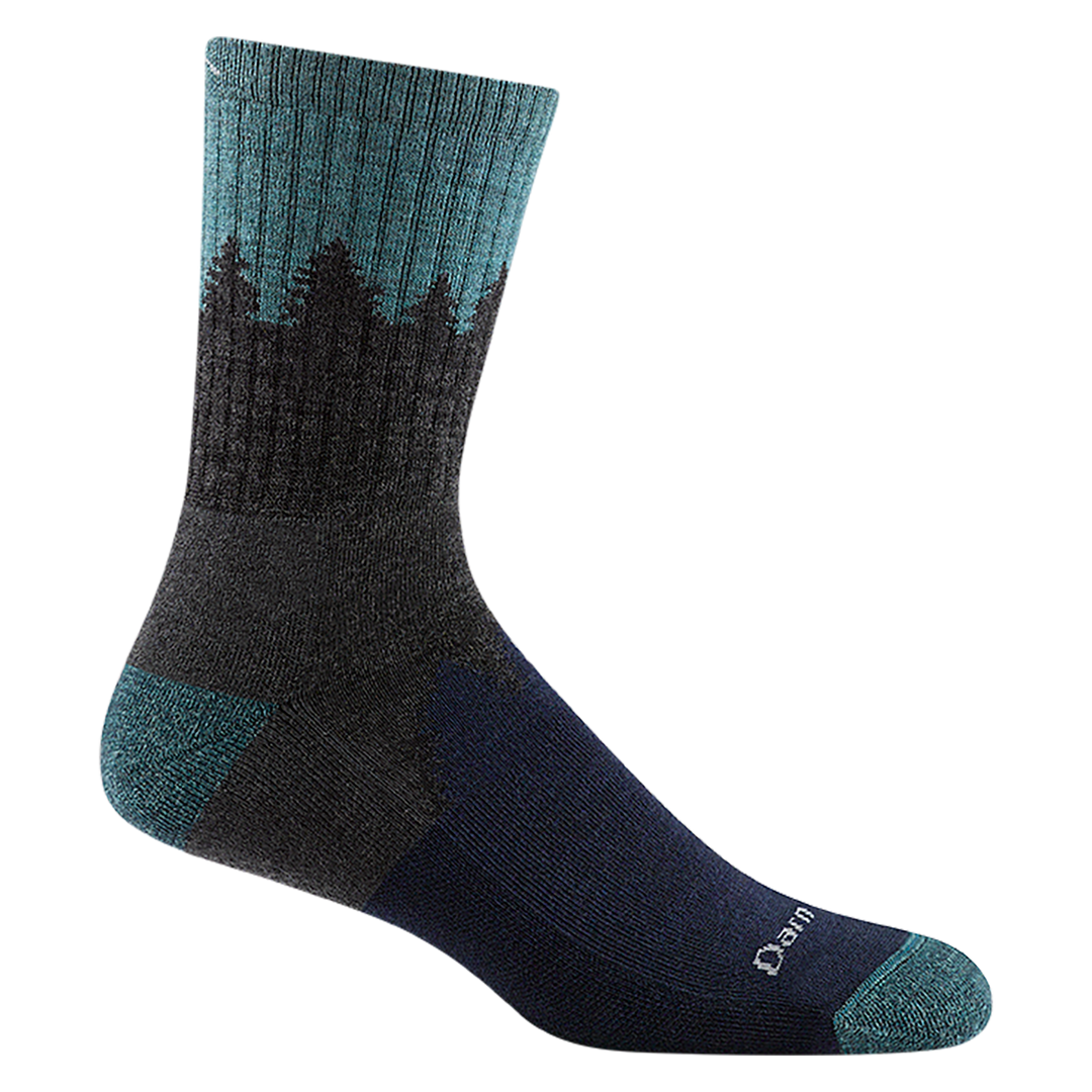 Reverse side of men's number 2 micro crew hiking sock in color navy with tree silhouette design
