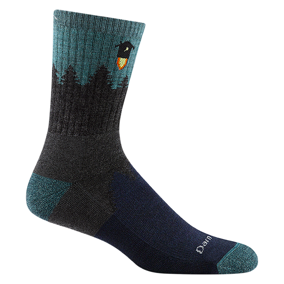 1974 men's number 2 micro crew hiking sock in color navy with blue toe/heel accents and tree silhouette design