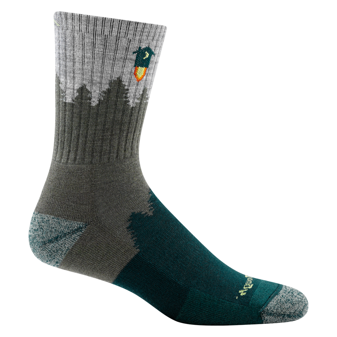 1974 men's number 2 micro crew hiking sock in color green with grey toe/heel accents and tree silhouette design