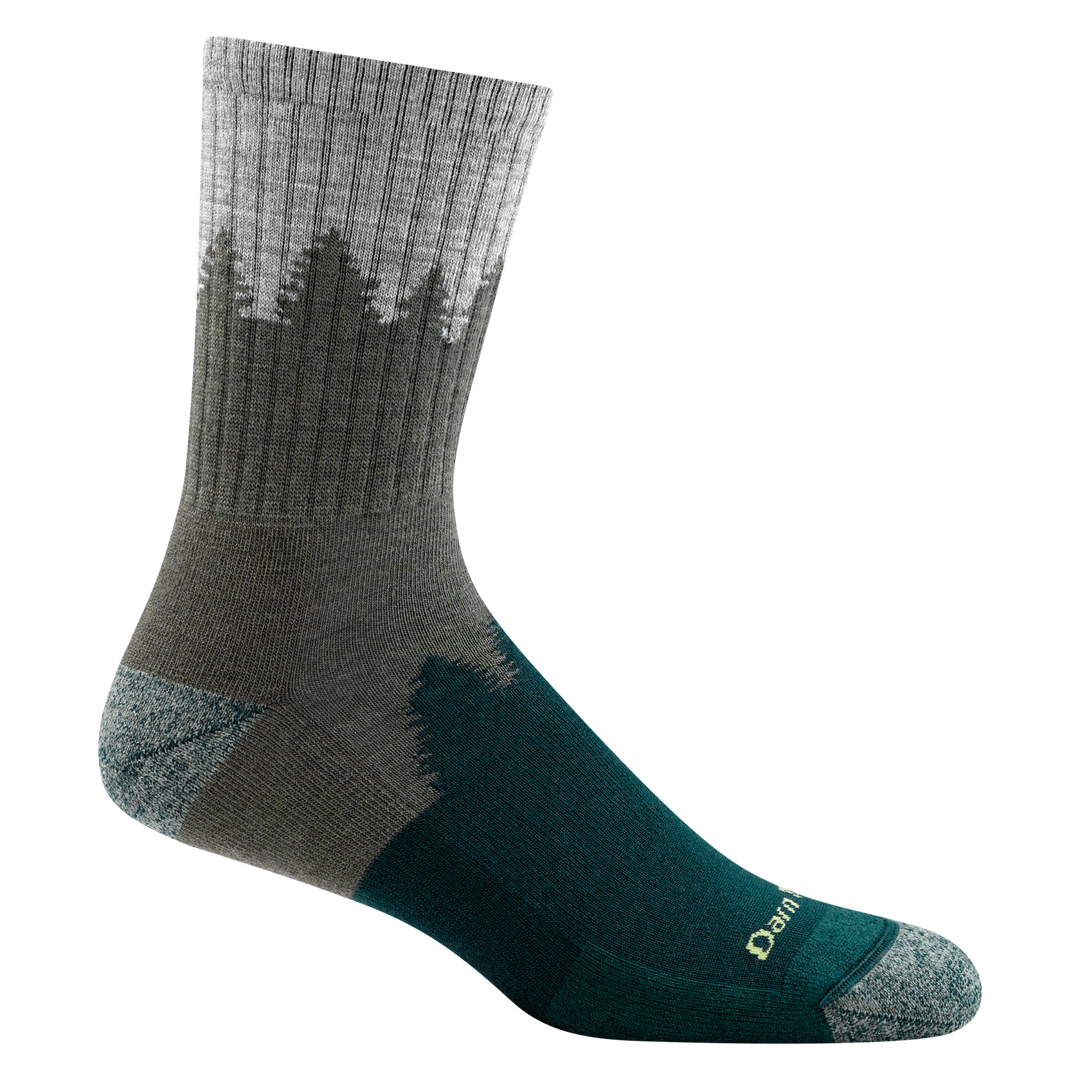 Reverse side of men's number 2 micrvo crew hiking sock in color green with tree silhouette design