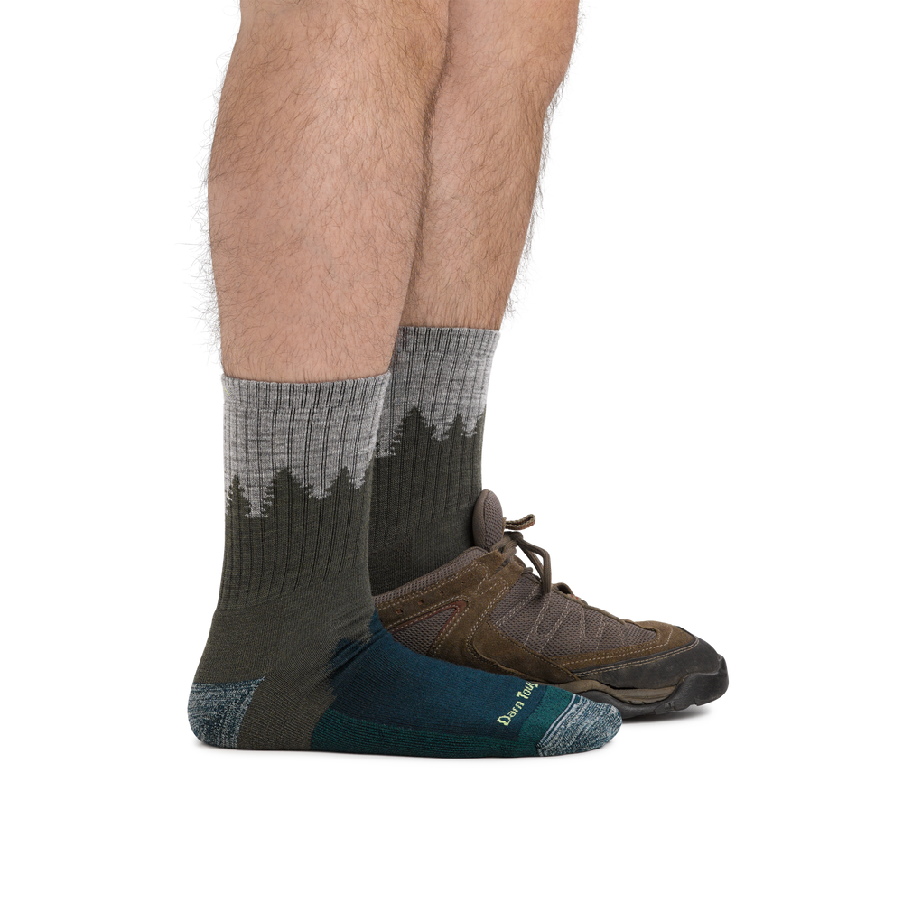 Man wearing Number 2 Micro Crew Midweight Hiking Socks in green, with back foot also wearing a hiking shoe