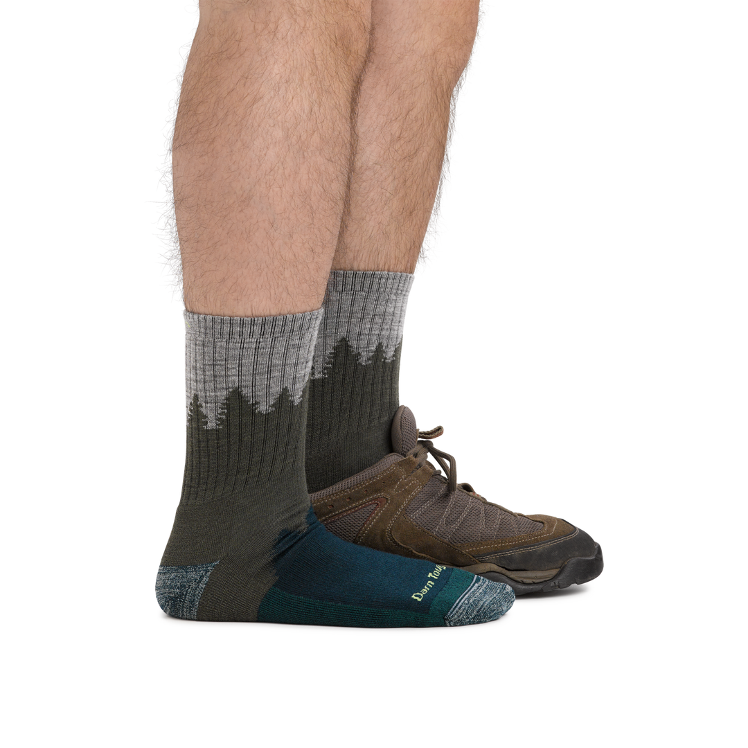Man wearing Number 2 Micro Crew Midweight Hiking Socks in green, with back foot also wearing a hiking shoe