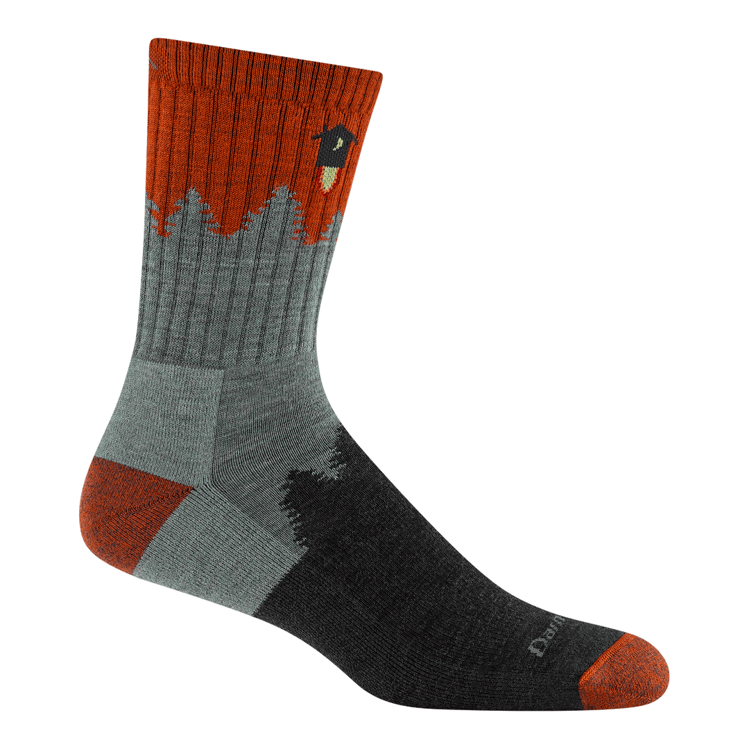 1974 number 2 micro crew hiking sock in seafoam featuring red heel/toe with black/green body with tree outline with rocket outhouse on cuff