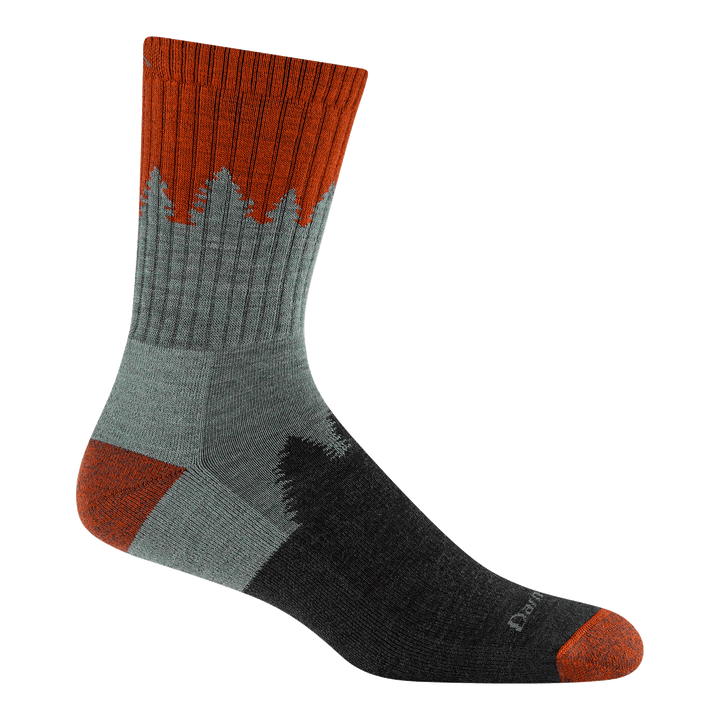 reverse 1974 number 2 micro crew hiking sock in seafoam featuring red heel/toe with black/green body with tree outline 