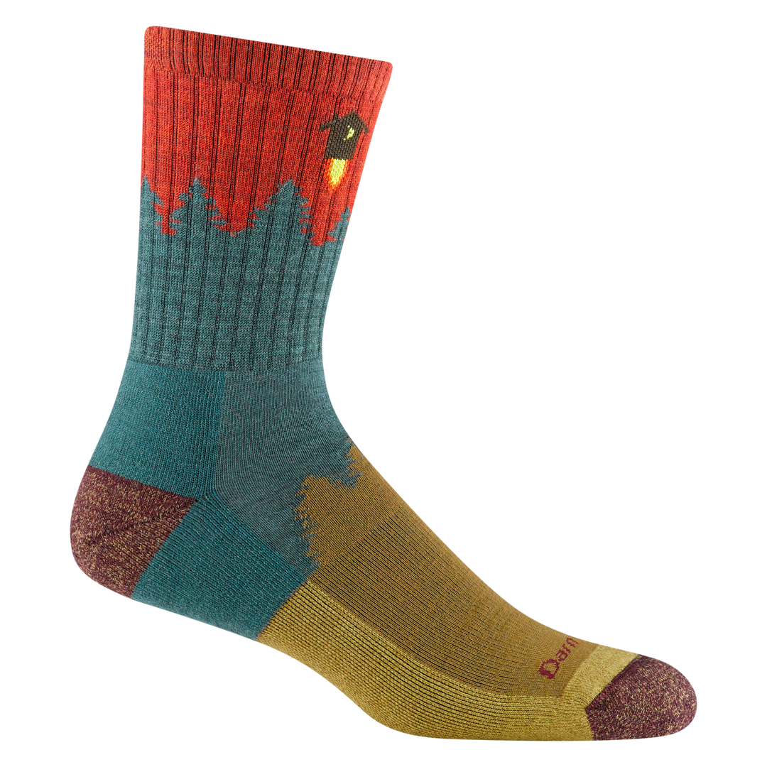 1974 men's number 2 micro crew hiking sock in teal with brown toe/heel accents, yellow forefoot, an orange leg