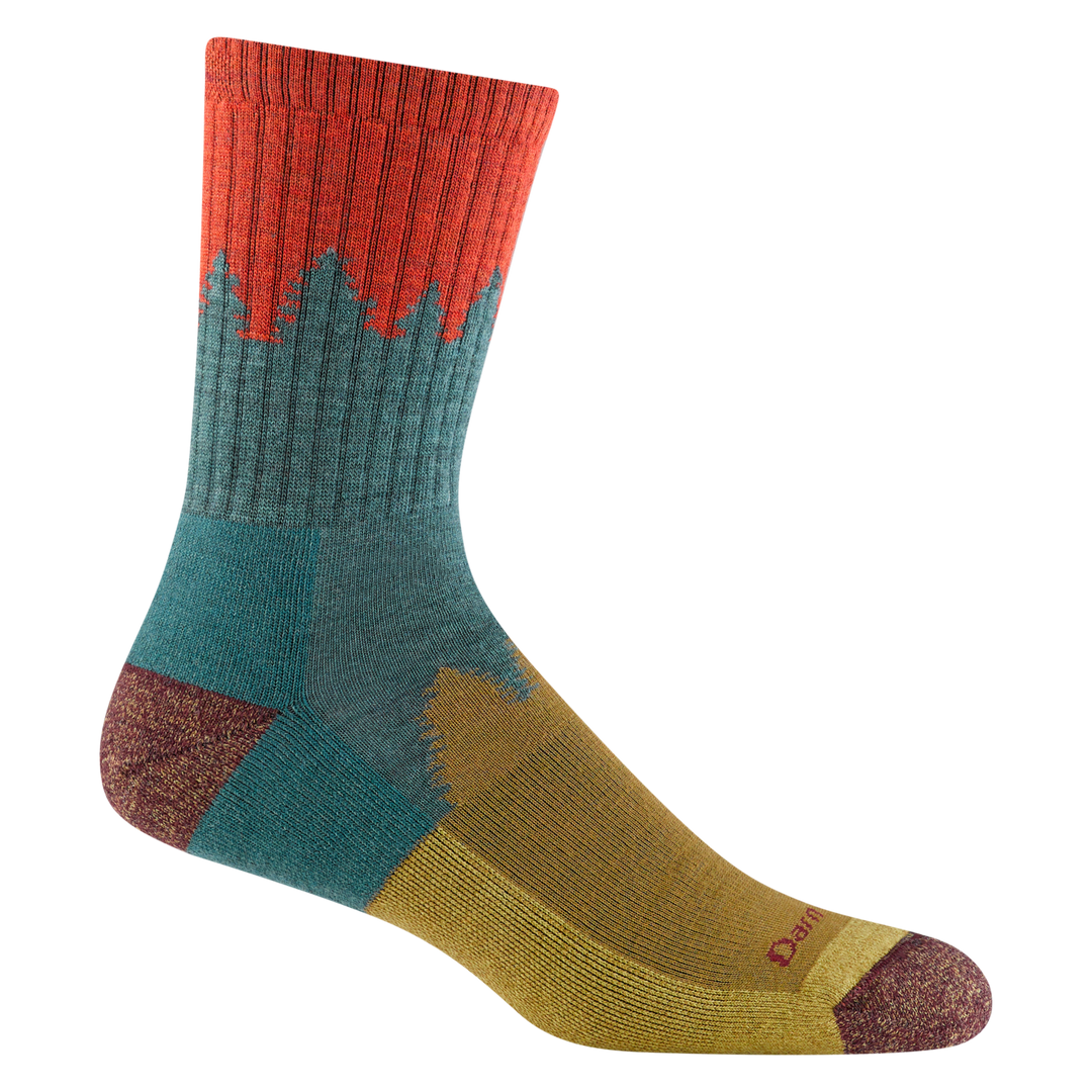 Reverse side of the men's number 2 micro crew hiking sock in teal with tree silhouettes in between color blocks