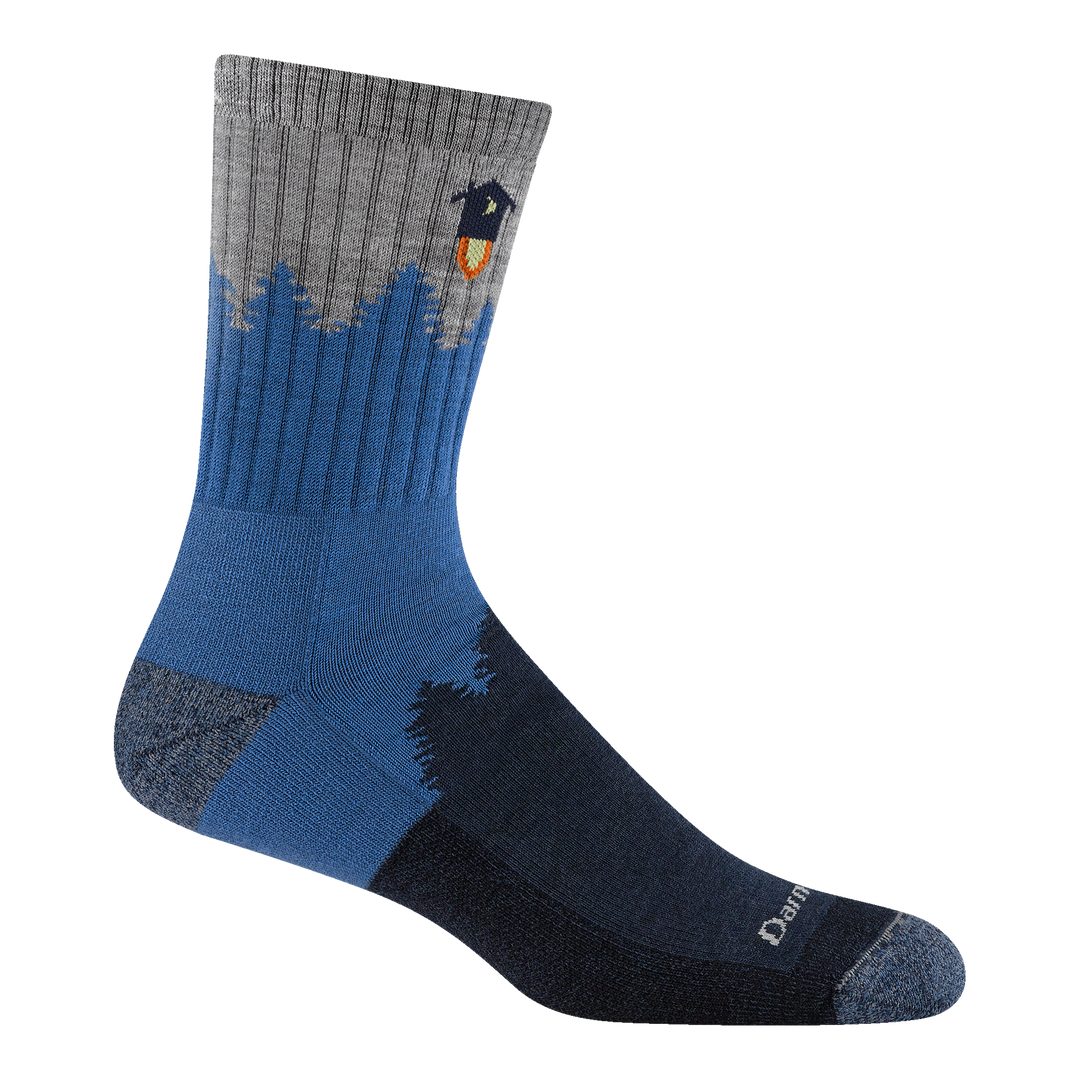 Reverse 1974 men's number 2 micro crew hiking sock in color navy with blue toe/heel accents and rocket out house design