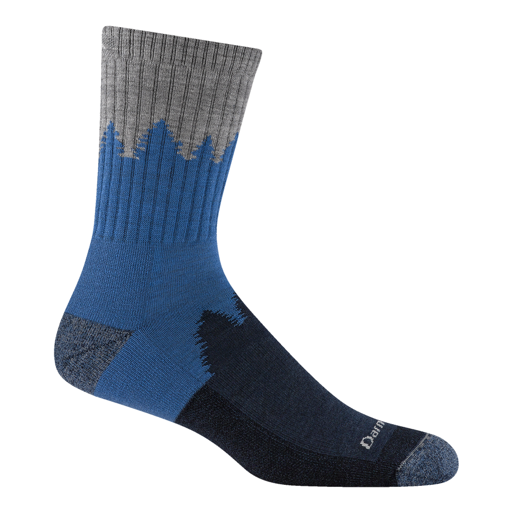 1974 men's number 2 micro crew hiking sock in color twilight with blue heather toe/heel accents and tree silhouette design