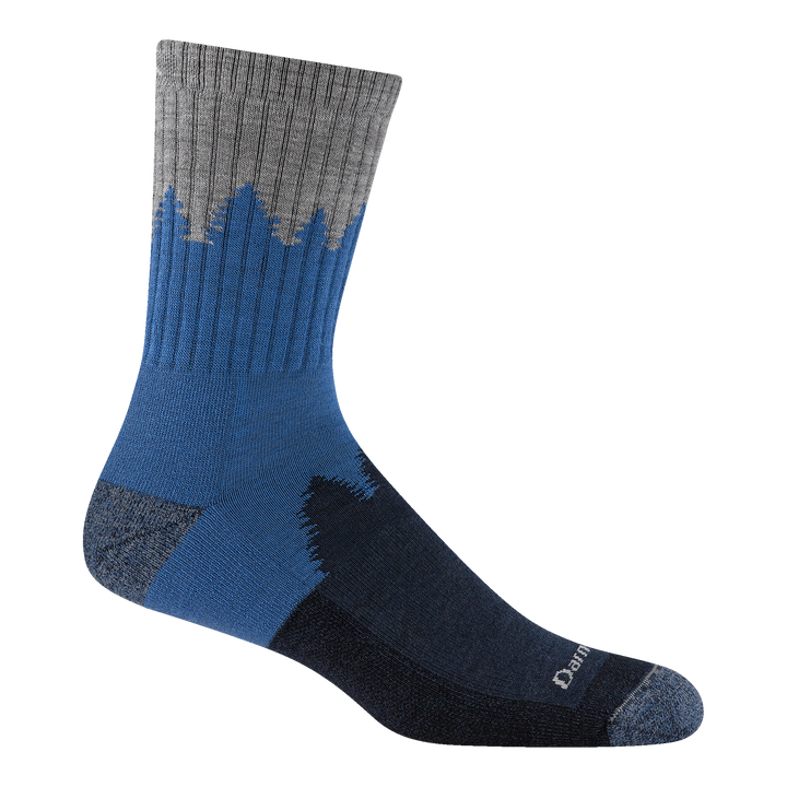 1974 men's number 2 micro crew hiking sock in color twilight with blue heather toe/heel accents and tree silhouette design