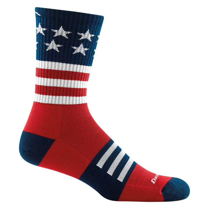 1976 men's captain stripe micro crew hiking sock in red with navy toe/heel accents, white striping and white stars