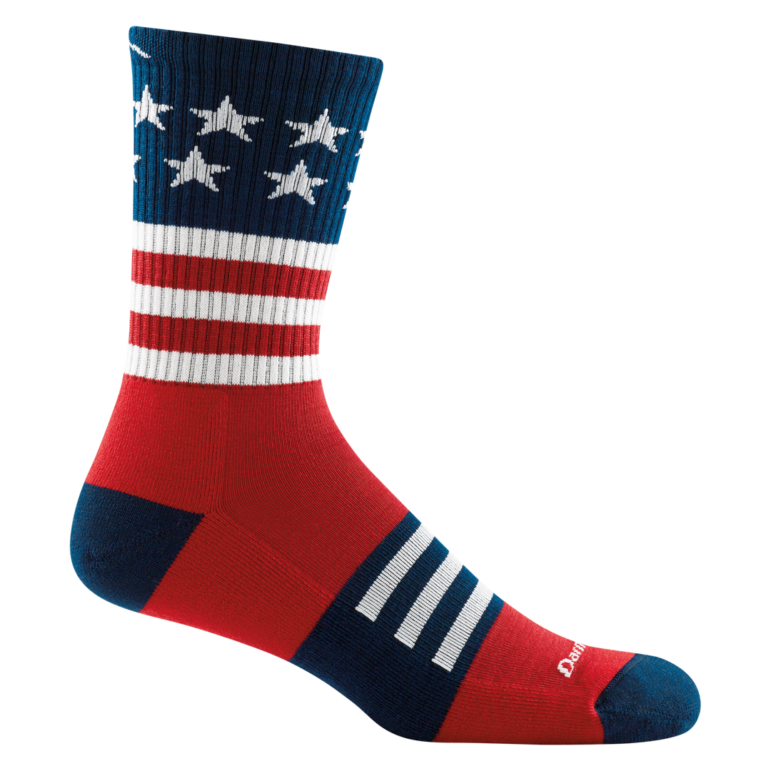 1976 men's captain stripe micro crew hiking sock in red with navy toe/heel accents, white striping and white stars