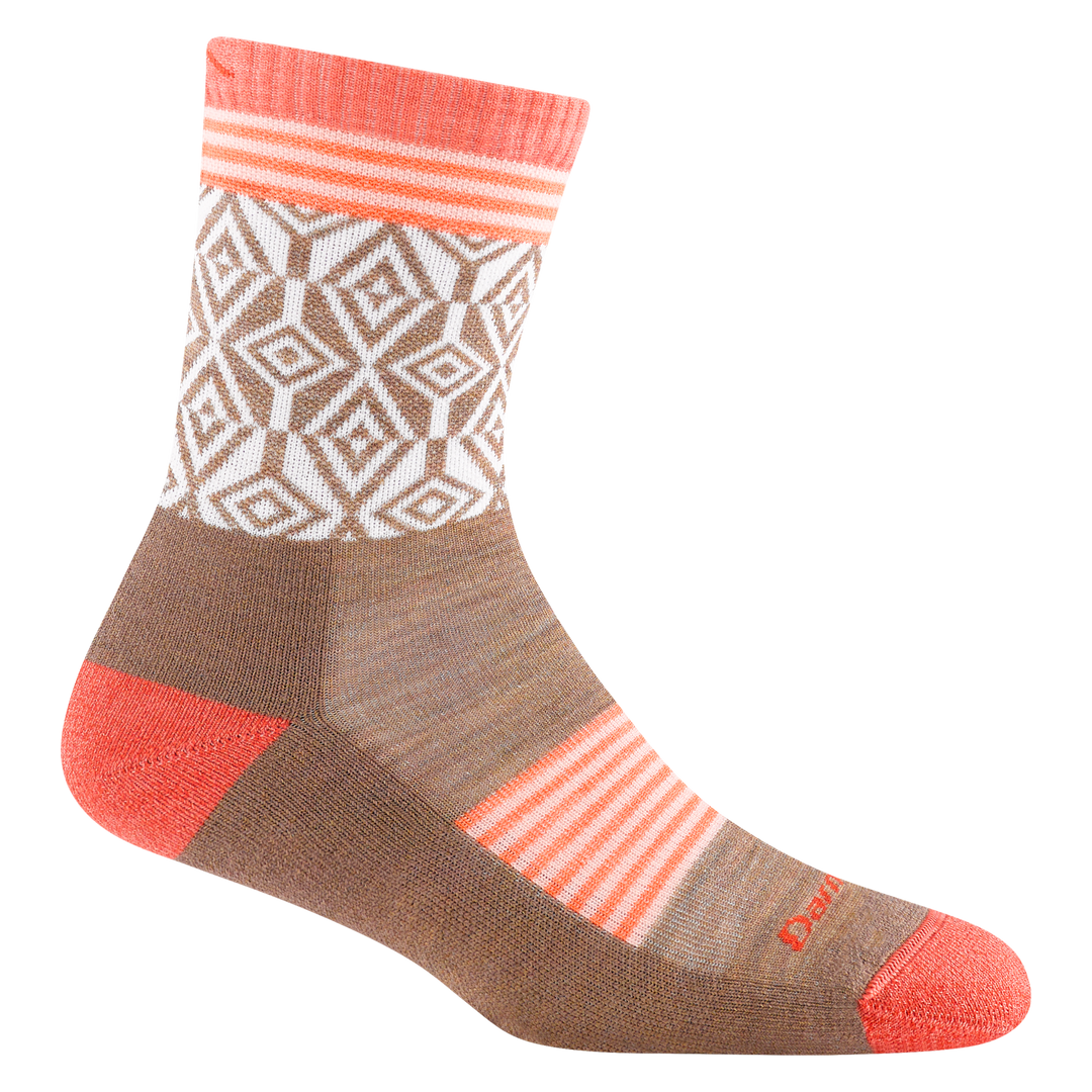 1977 women's sobo micro crew hiking sock in bark with peach toe/heel accents, white striping, and white diamond design