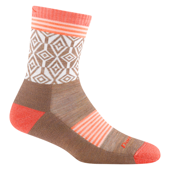 1977 women's sobo micro crew hiking sock in bark with peach toe/heel accents, white striping, and white diamond design