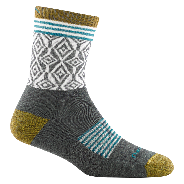 1977 women's sobo micro crew hiking sock in color teal with yellow accents, blue striping and white diamond design
