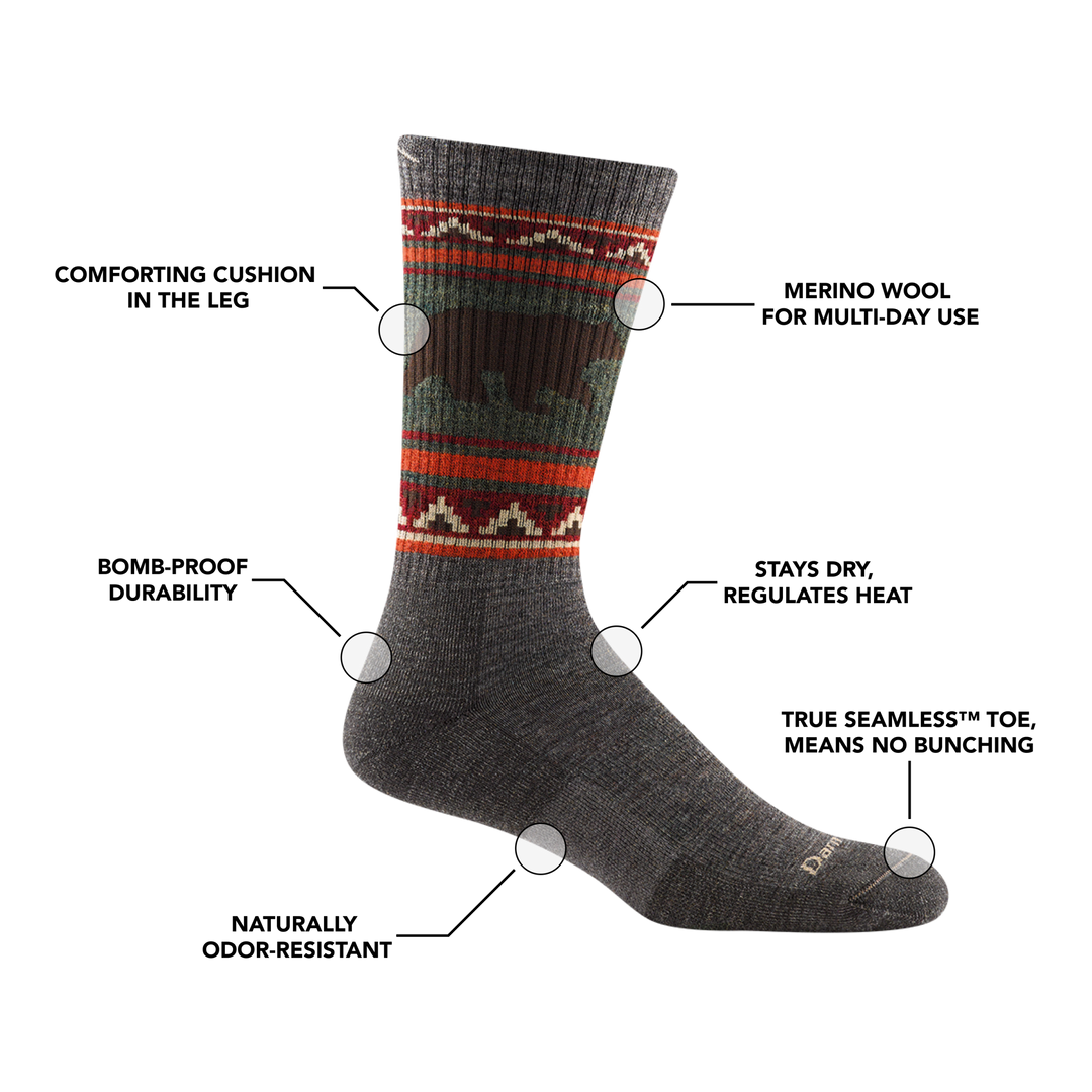 Image of Men's VanGrizzle Boot Sock in Taupe calling out all of the features and benefits