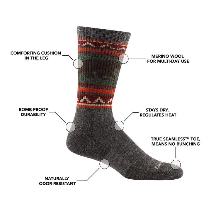 Image of Men's VanGrizzle Boot Sock in Taupe calling out all of the features and benefits