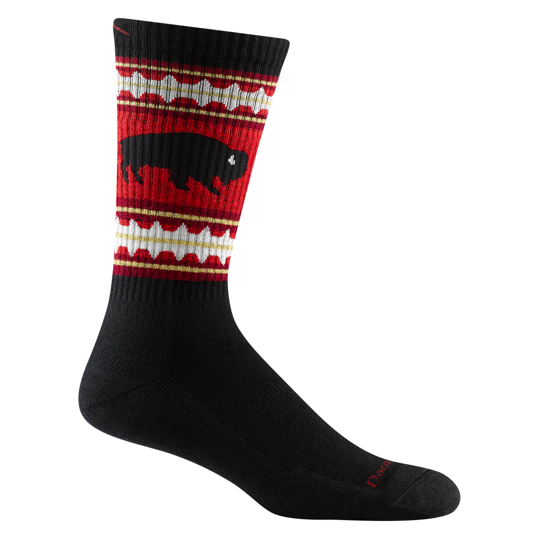 1980 men's vangrizzle boot hiking sock in black with red, white and yellow striping around calf and black buffalo design